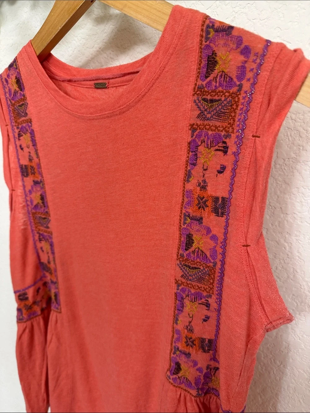 Free People • Vibrant Coral Embroidered Cotton Blend Boho Western Sleeveless Top